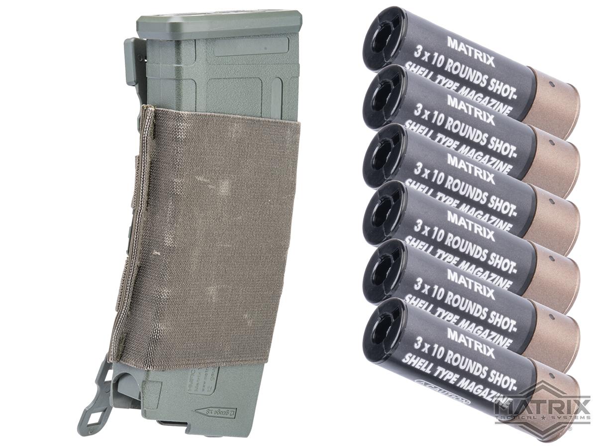 Matrix AR15 Magazine Shaped Shotgun Shell Quick Holder w/ Universal Elastic Magazine Pouch (Color: Ranger Green / Add Shells)