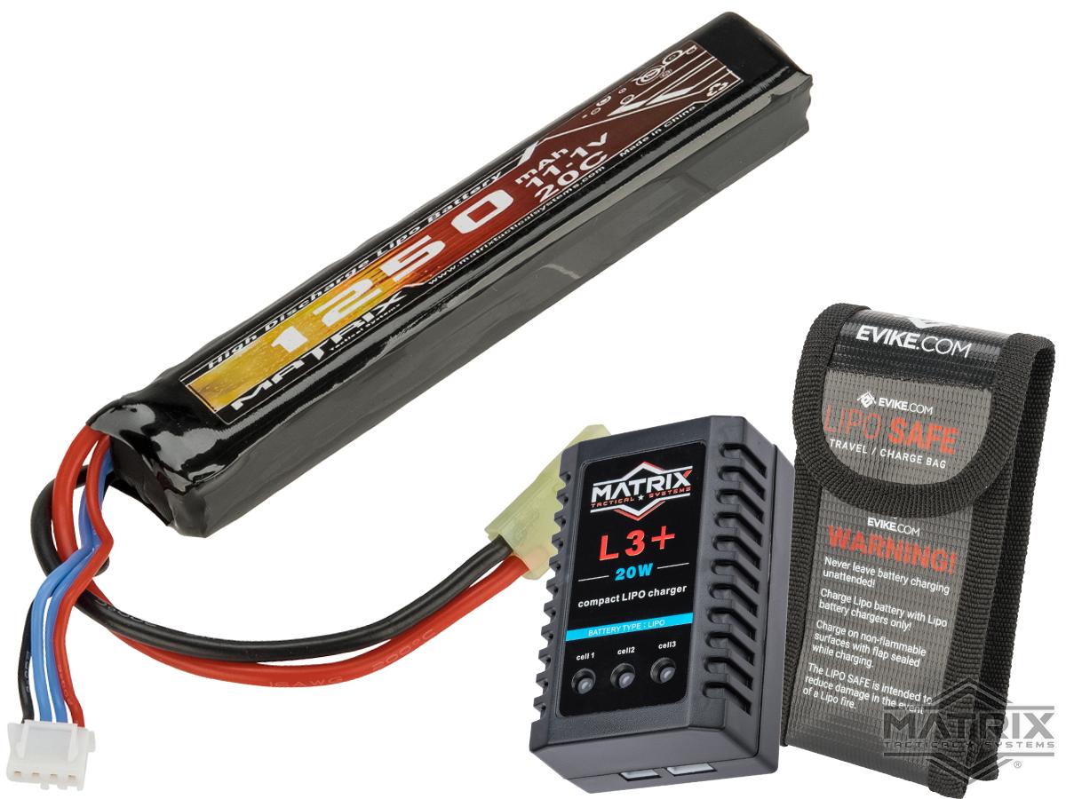 Matrix High Performance 11.1V Airsoft LiPo Battery Starter Pack w/ BMS  Smart Charger (Model: Stick Type / 1250mAh - 12C / Small Tamiya)