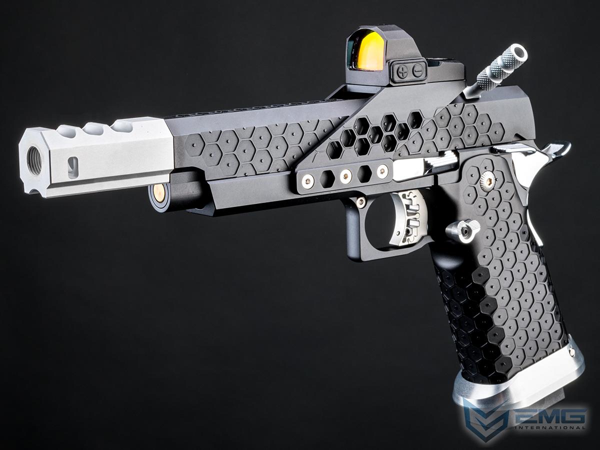 EMG Hex Series Custom Hi-CAPA GBB Airsoft Pistol w/ Compensator & Optic Mount (Color: Black-Silver / Right Hand)