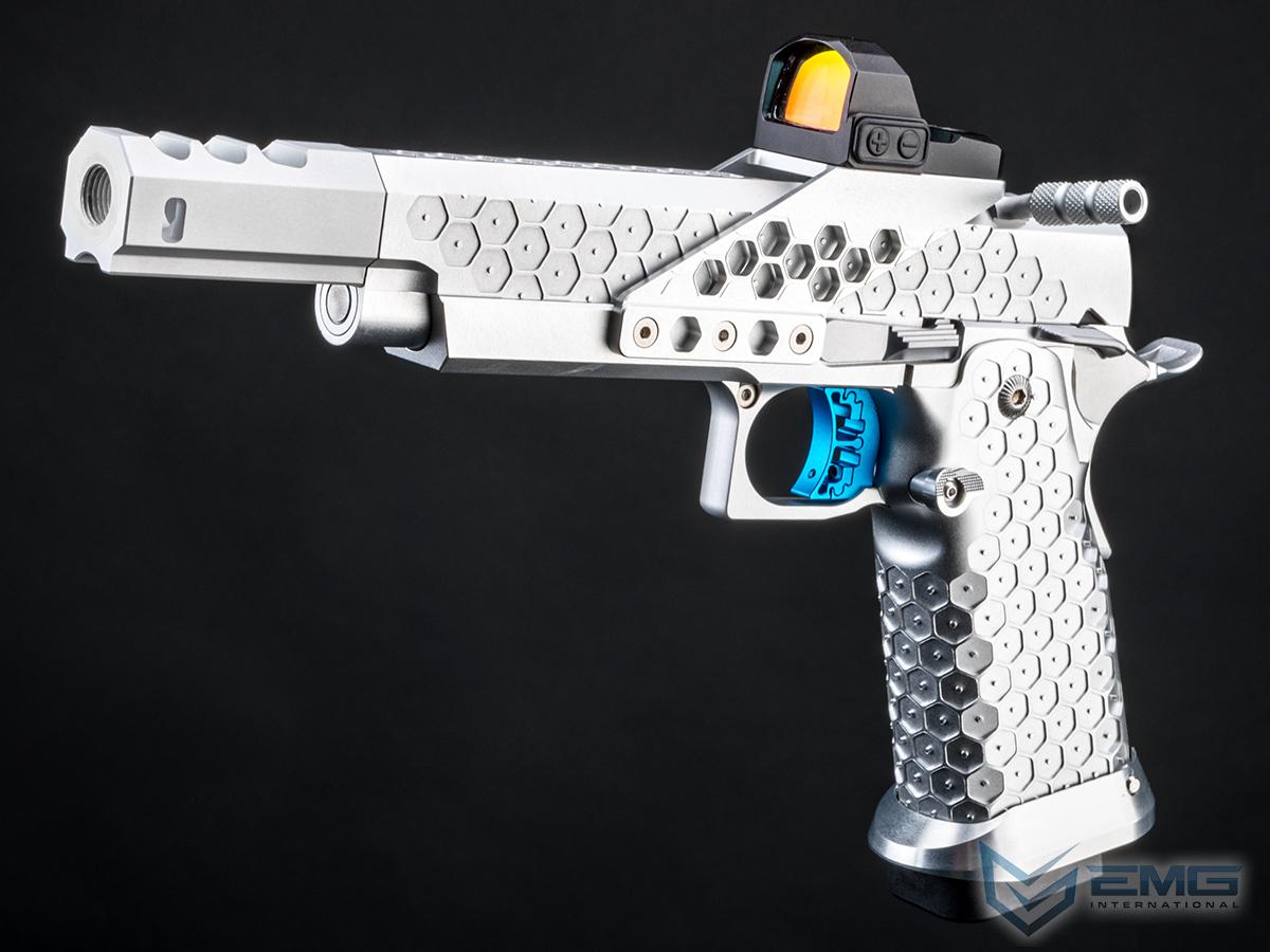 EMG Hex Series Custom Hi-CAPA GBB Airsoft Pistol w/ Compensator & Optic Mount (Color: Silver-Blue / Right Hand)