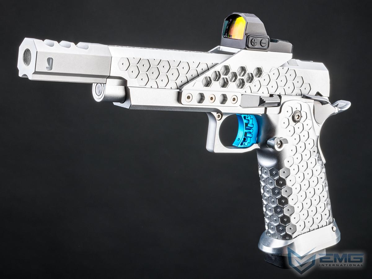 EMG Hex Series Custom Hi-CAPA GBB Airsoft Pistol w/ Compensator & Optic Mount (Color: Silver-Blue / Left Hand)