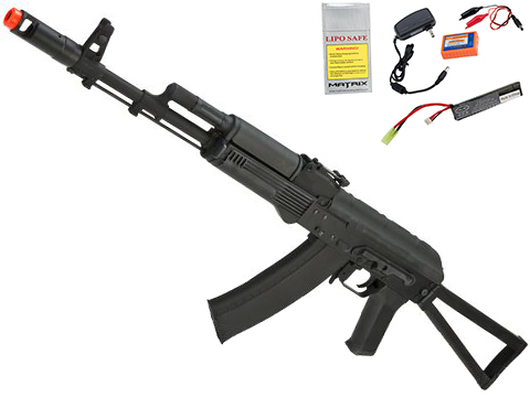 CYMA Standard Stamped Metal AK74 Airsoft AEG Rifle w/ Steel Folding Stock (Package: Add 7.4v LiPo Battery + Charger)