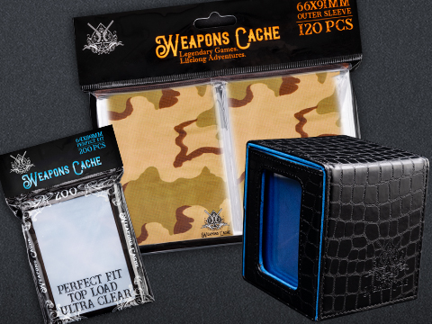 Weapons Cache Protect Bundle with WC Art Series Outer and Perfect Fit Inner Card Sleeves and a WC Commander Bunker Deck Box (Style: Desert Camo / Black & Blue)