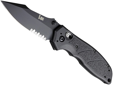 H&K Exemplar Pivot Lock Folder w/ 3.25 Clip Point Blade & G10 Handles by Hogue Knives (Model: Black Cerakote / Serrated)