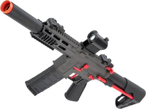 King Arms M4 PDW SBR Airsoft AEG Rifle (Color: Grey & Red / Silenced M-LOK)