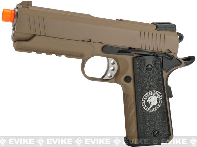 Evike.com Nostradamus Custom 1911 Gas Blowback Airsoft Pistol w/ Angel Custom Tac-Glove Grips (Model: 4.3 Desert Warrior / Leo)