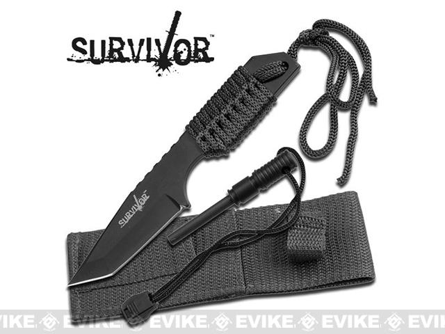 Survivor 7 Cord Wrapped Fixed Blade Survival Knife with Sheath and Fire Starter (Color: Black)