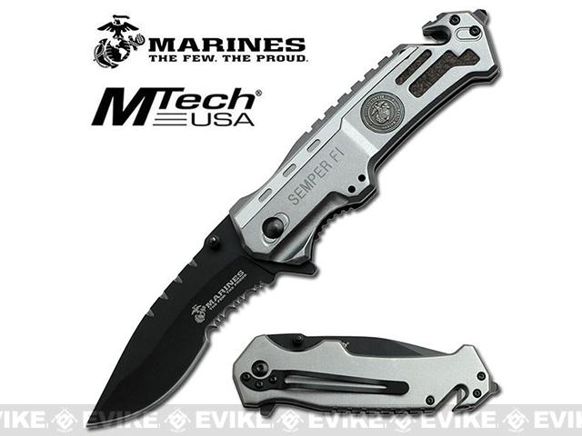 USMC Marine Leatherneck Assisted Opening Folding Rescue Knife with 3.25 Clip Style Semi-Serrated Blade - Silver