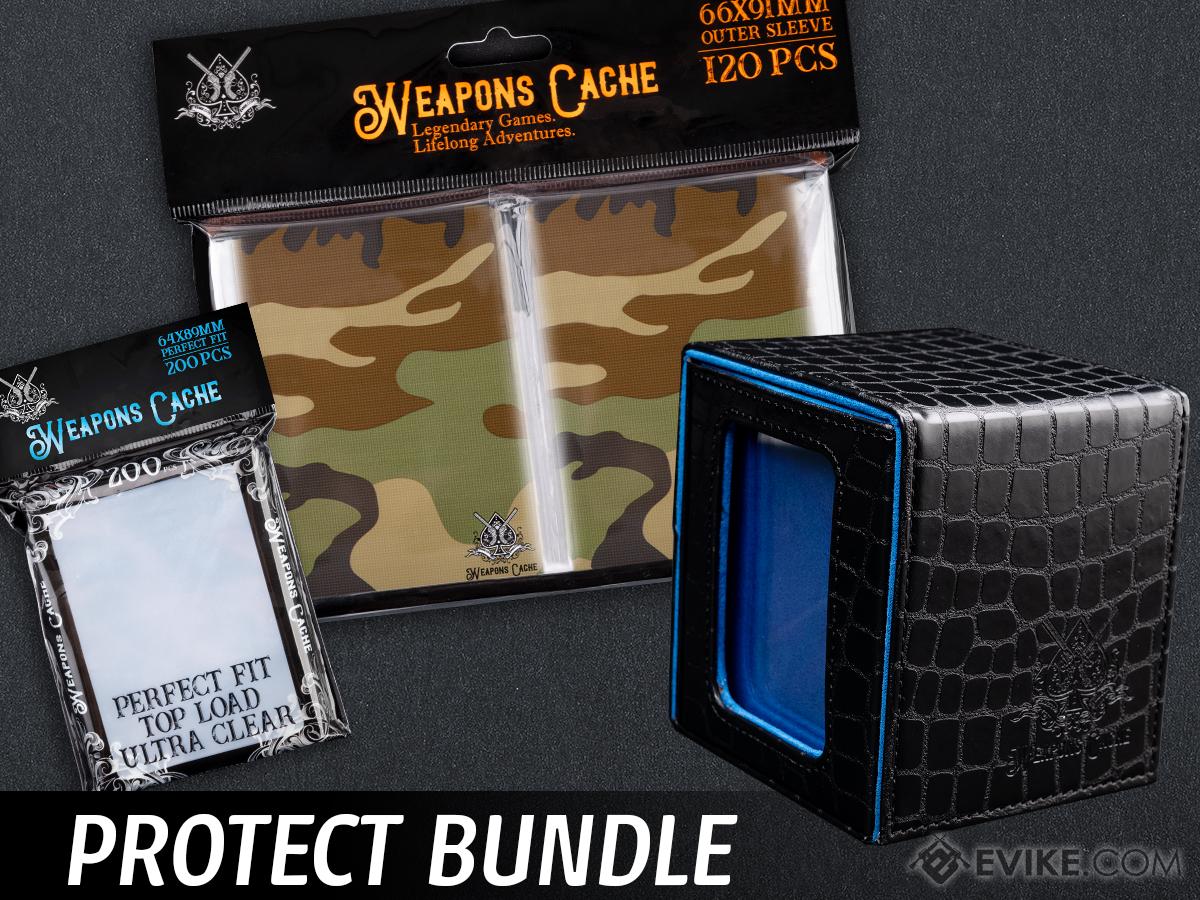 Weapons Cache Protect Bundle with WC Art Series Outer and Perfect Fit Inner Card Sleeves and a WC Commander Bunker Deck Box (Style: Woodland Camo / Black & Blue)