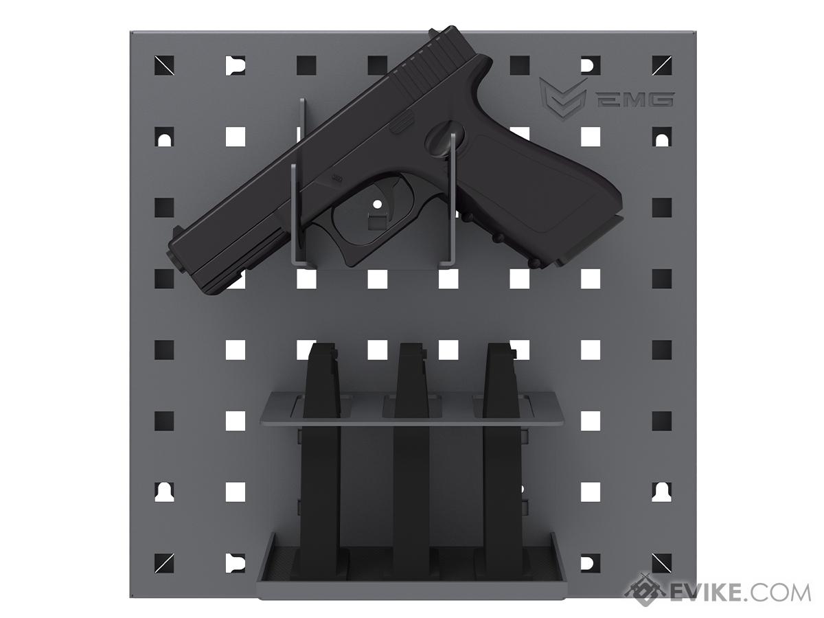 EMG Battle Wall System Weapon Display & Storage Panels (Size: 12 x 12 / Dark Grey / w/ Pistol Dual Vertical Hook + 3 Magazine Holder)