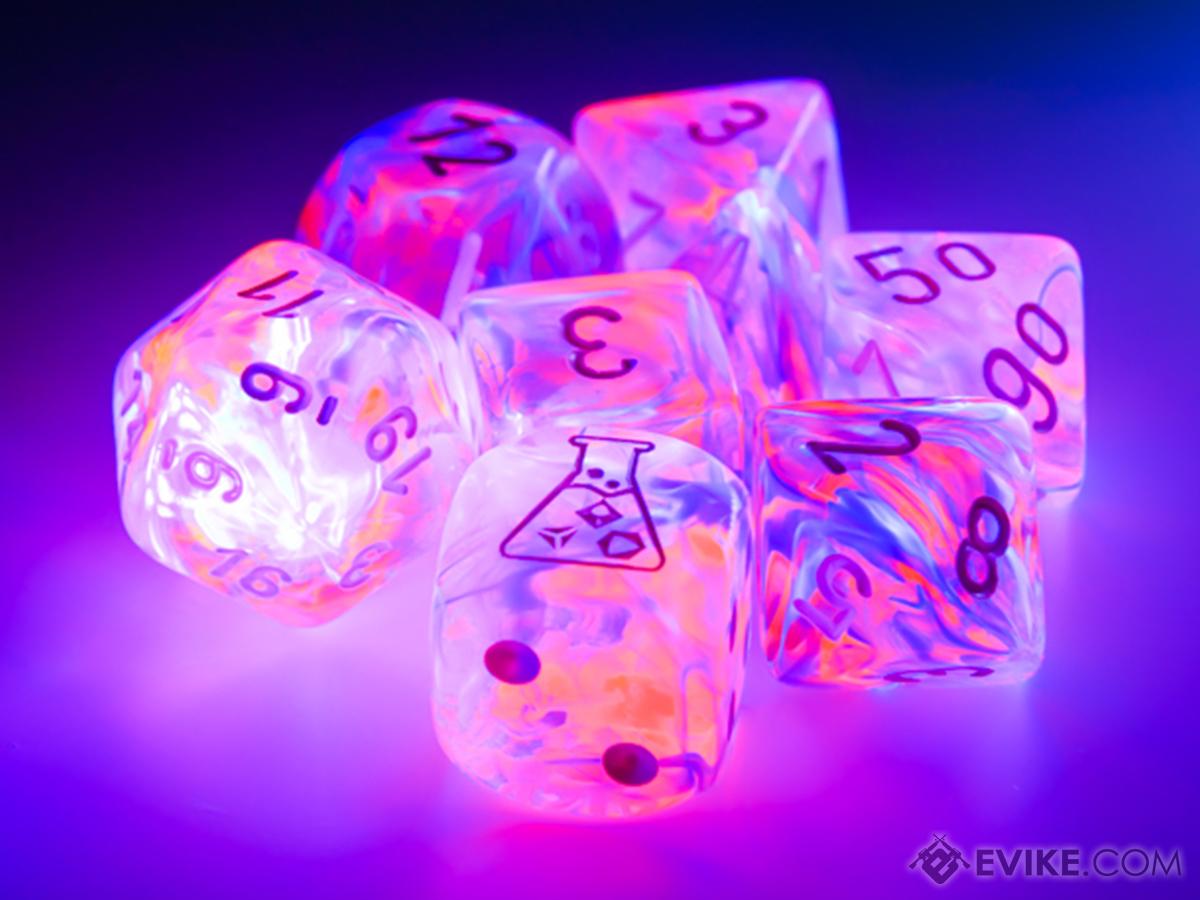 Chessex Lab Nebula Black Light Special White Polyhedral 7-Dice Set w/ Bonus Die