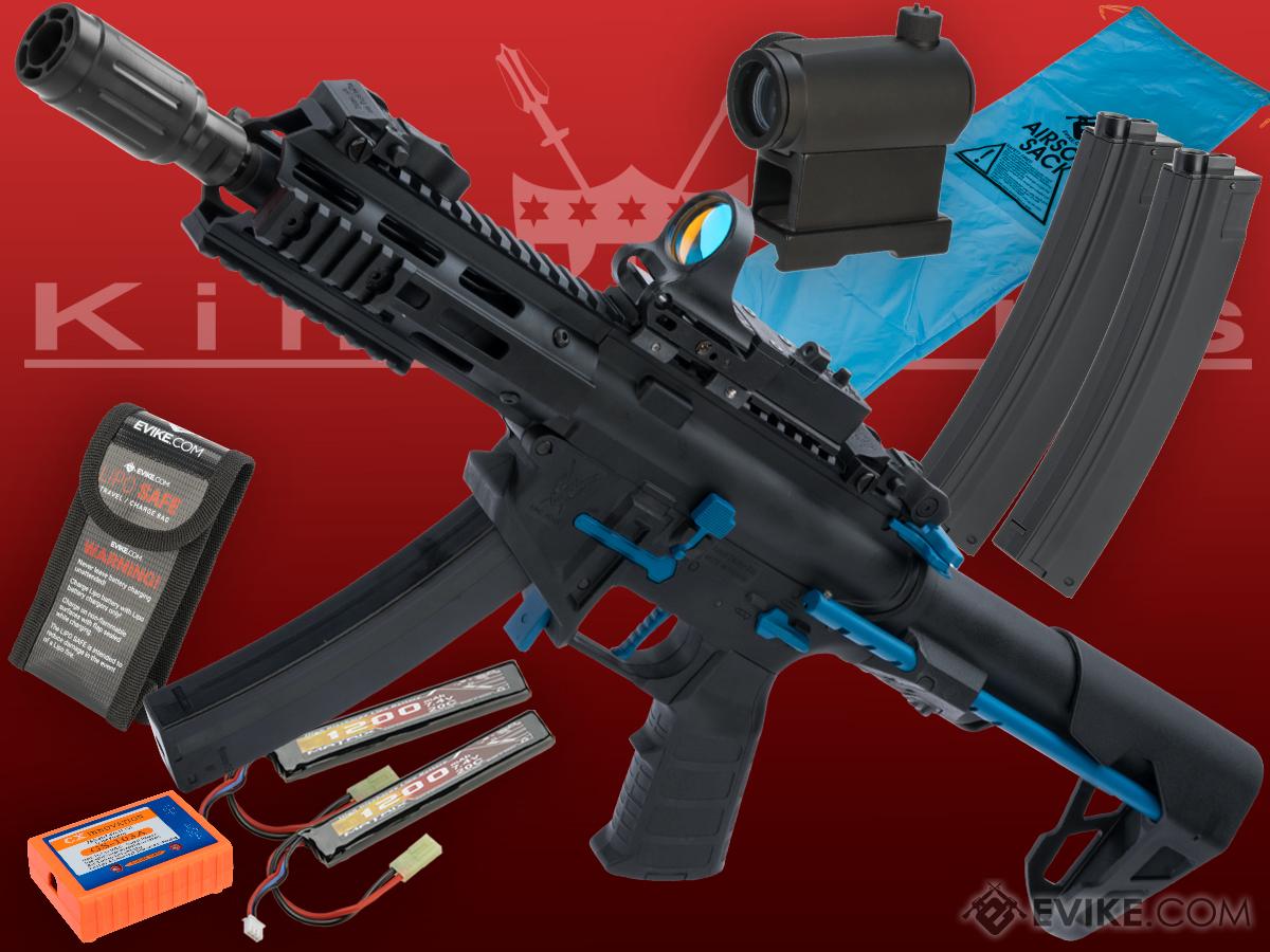 King Arms PDW 9mm SBR Airsoft AEG Rifle (Color: Black & Blue / M-LOK / Go Airsoft Package w/ Optic)