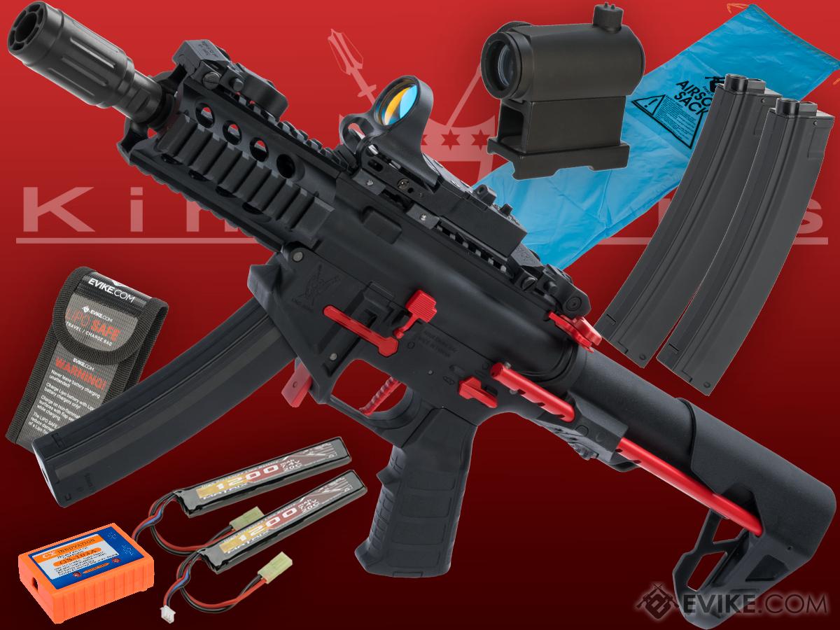 King Arms PDW 9mm SBR Airsoft AEG Rifle (Color: Black & Red / Shorty / Go Airsoft Package w/ Optic)