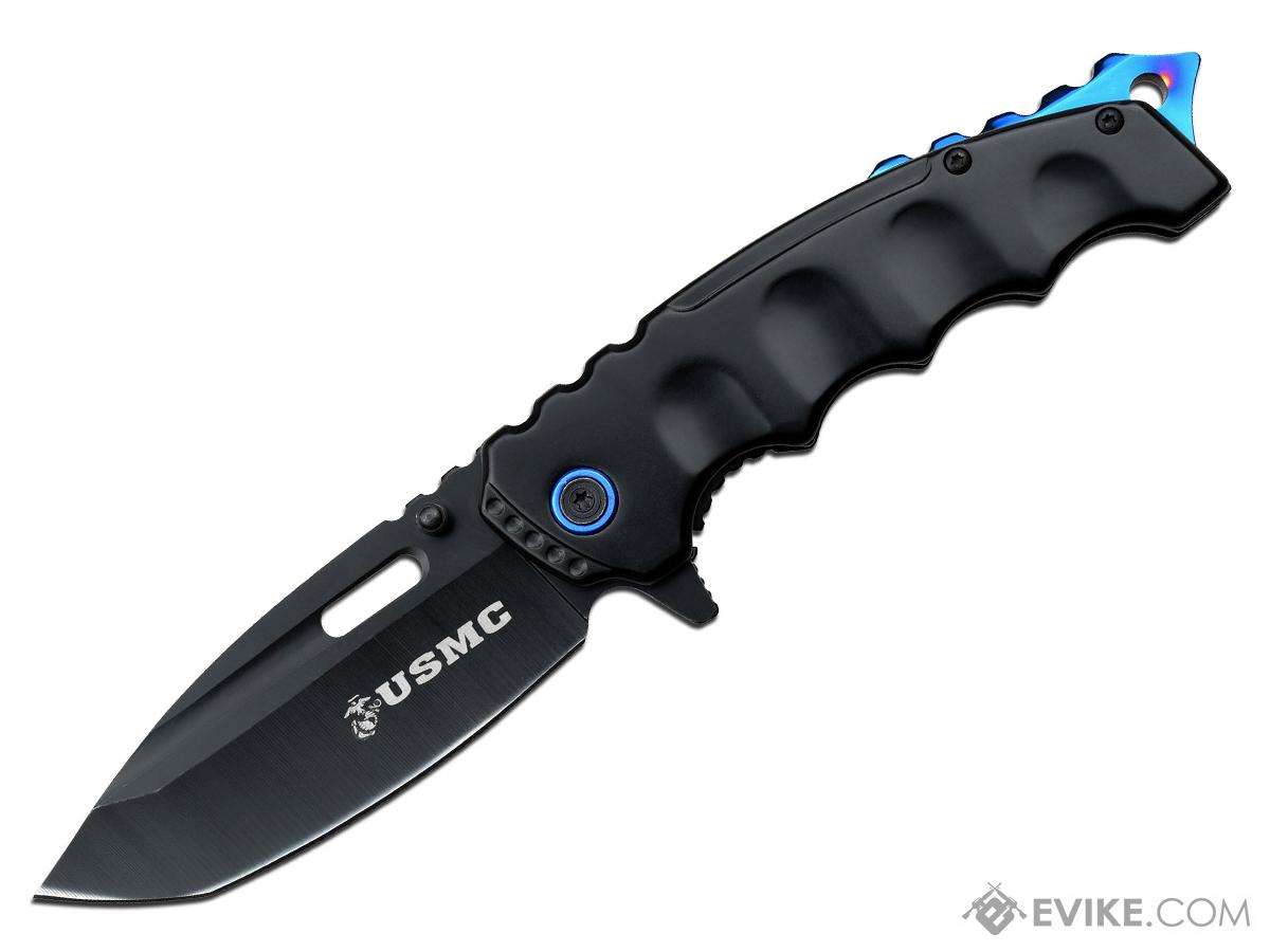 Master Cutlery USMC Licensed Curved Four Finger Spring Assisted Tanto Style Knife (Color: Black-Blue)