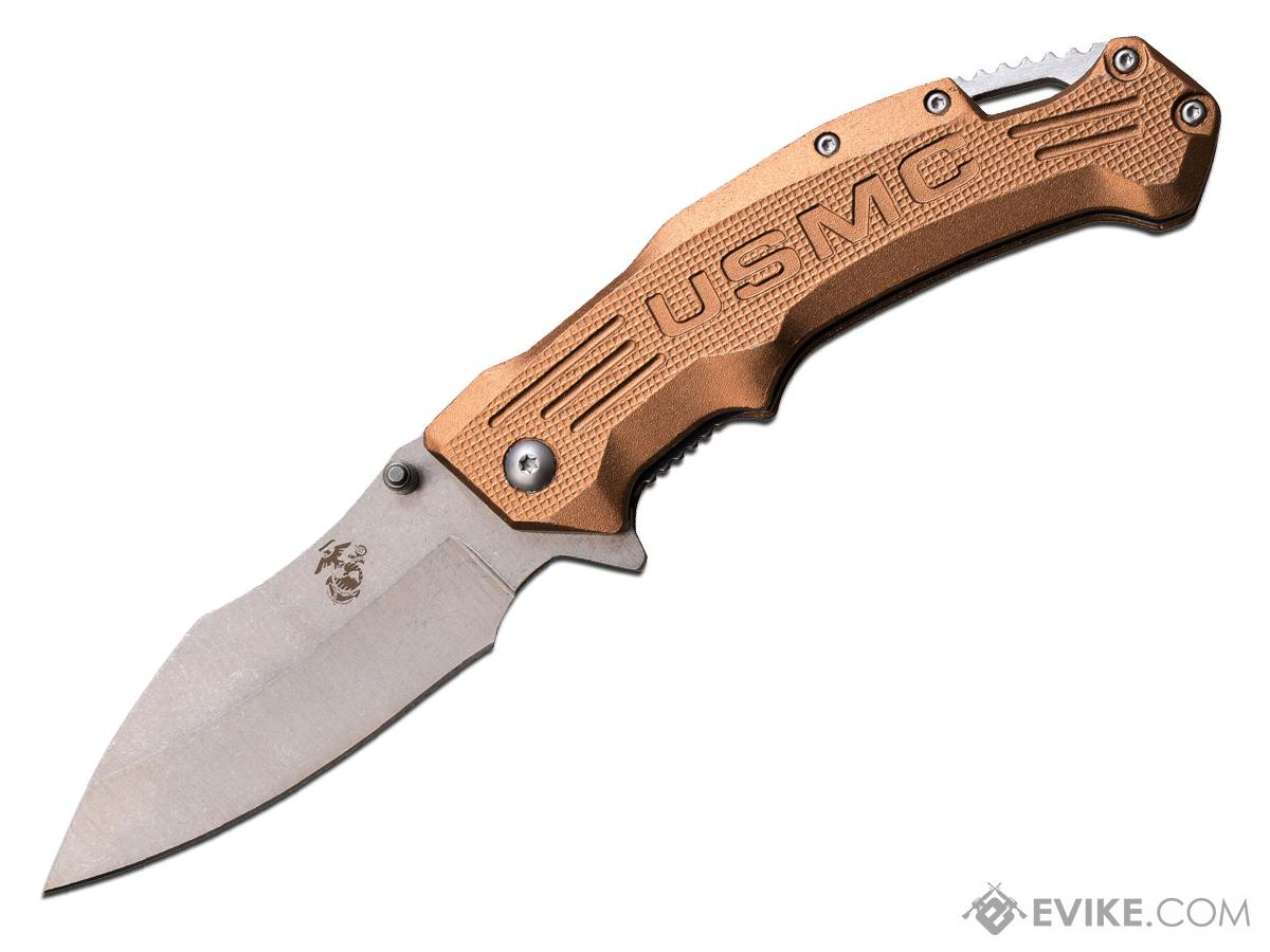 M-Tech USA USMC Licensed Spring Assisted Drop Point Style Knife (Color: Stonewash-Tan)