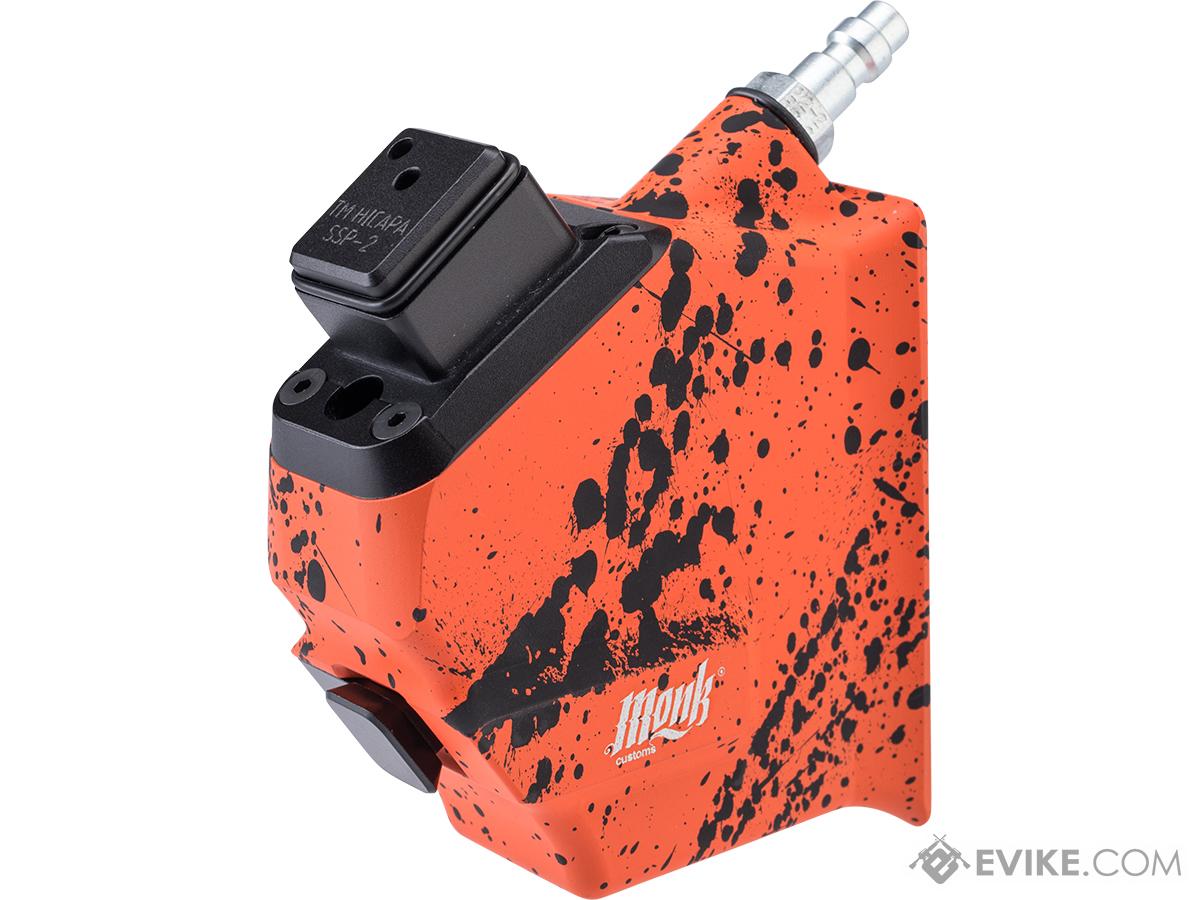 Monk Customs CNC HPA to M4 Magazine Angled M-Adapter for HI-CAPA Gas Blowback Airsoft Pistols (Color: Orange-Black Splatter)