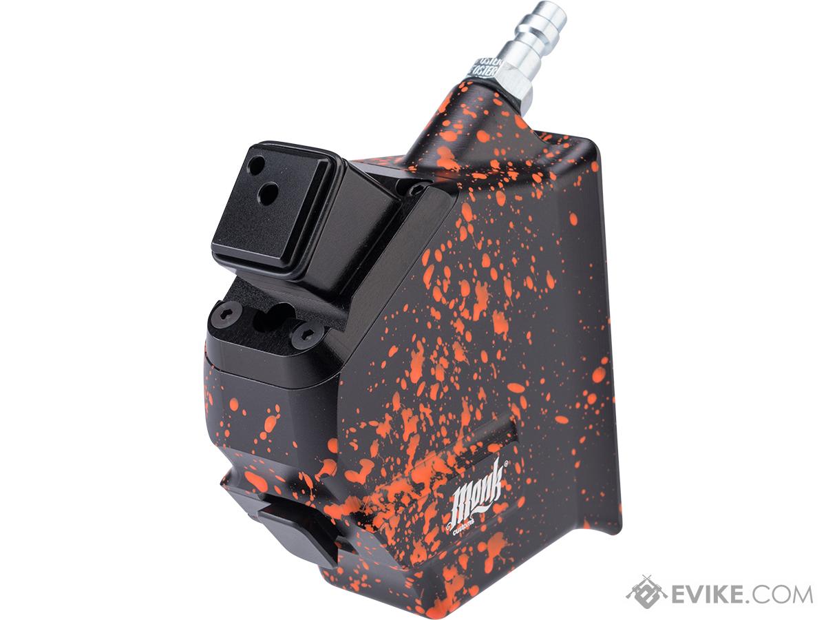 Monk Customs CNC HPA to M4 Magazine Angled M-Adapter for GLOCK Gas Blowback Airsoft Pistols (Color: Black-Orange Splatter)