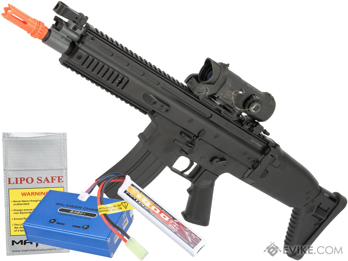 FN Herstal Licensed SCAR-L Airsoft AEG Rifle by Cybergun (Color: Black / Add 7.4v LiPo Battery + BMS Charger + LiPo Safe)