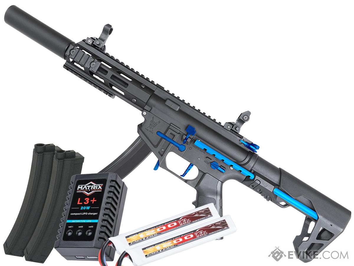 King Arms PDW 9mm SBR Airsoft AEG Rifle (Color: Black & Blue / Silenced M-LOK / Go Airsoft Package)