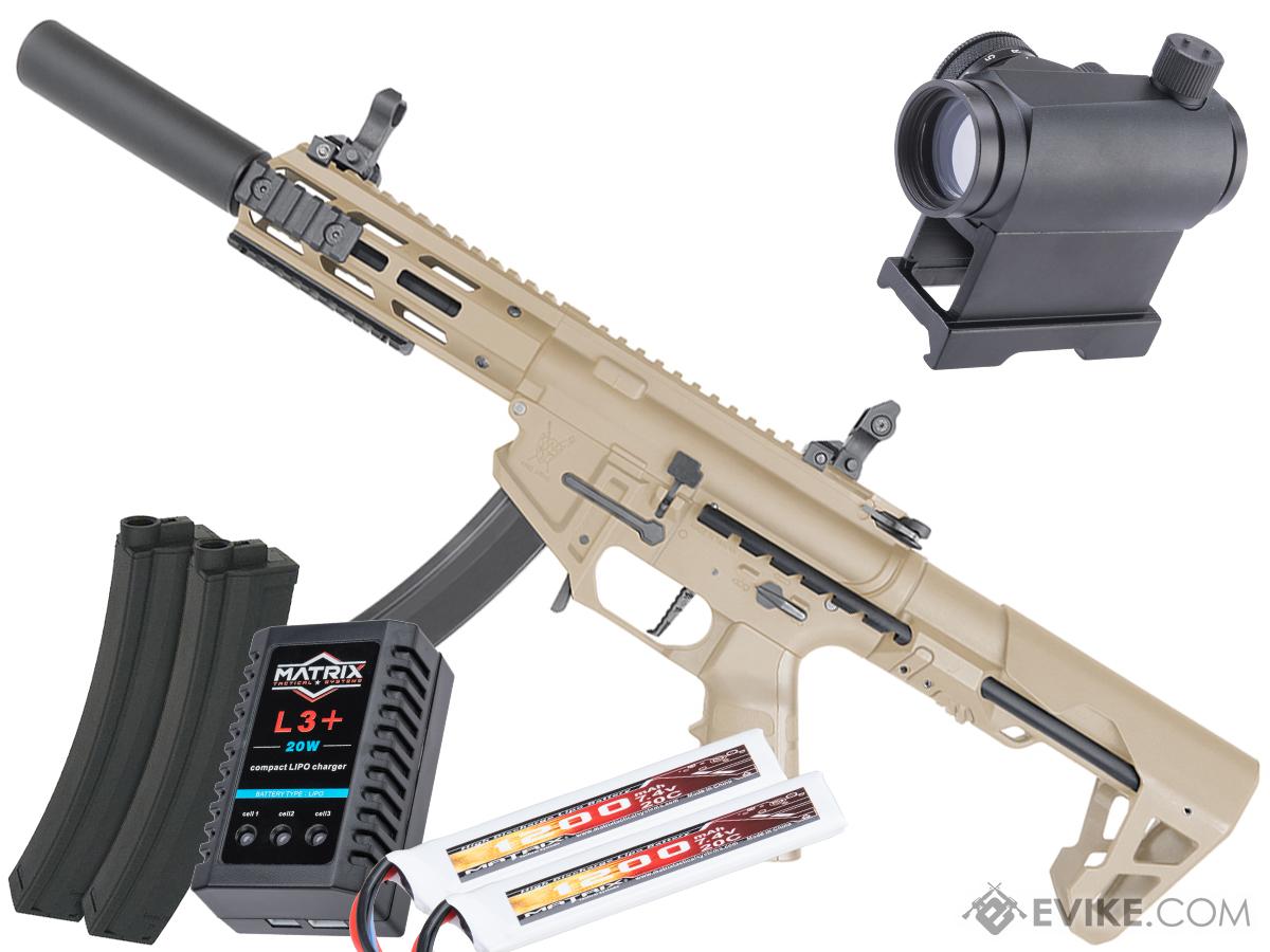 King Arms PDW 9mm SBR Airsoft AEG Rifle (Color: Desert Earth / Silenced M-LOK / Go Airsoft Package w/ Optic)