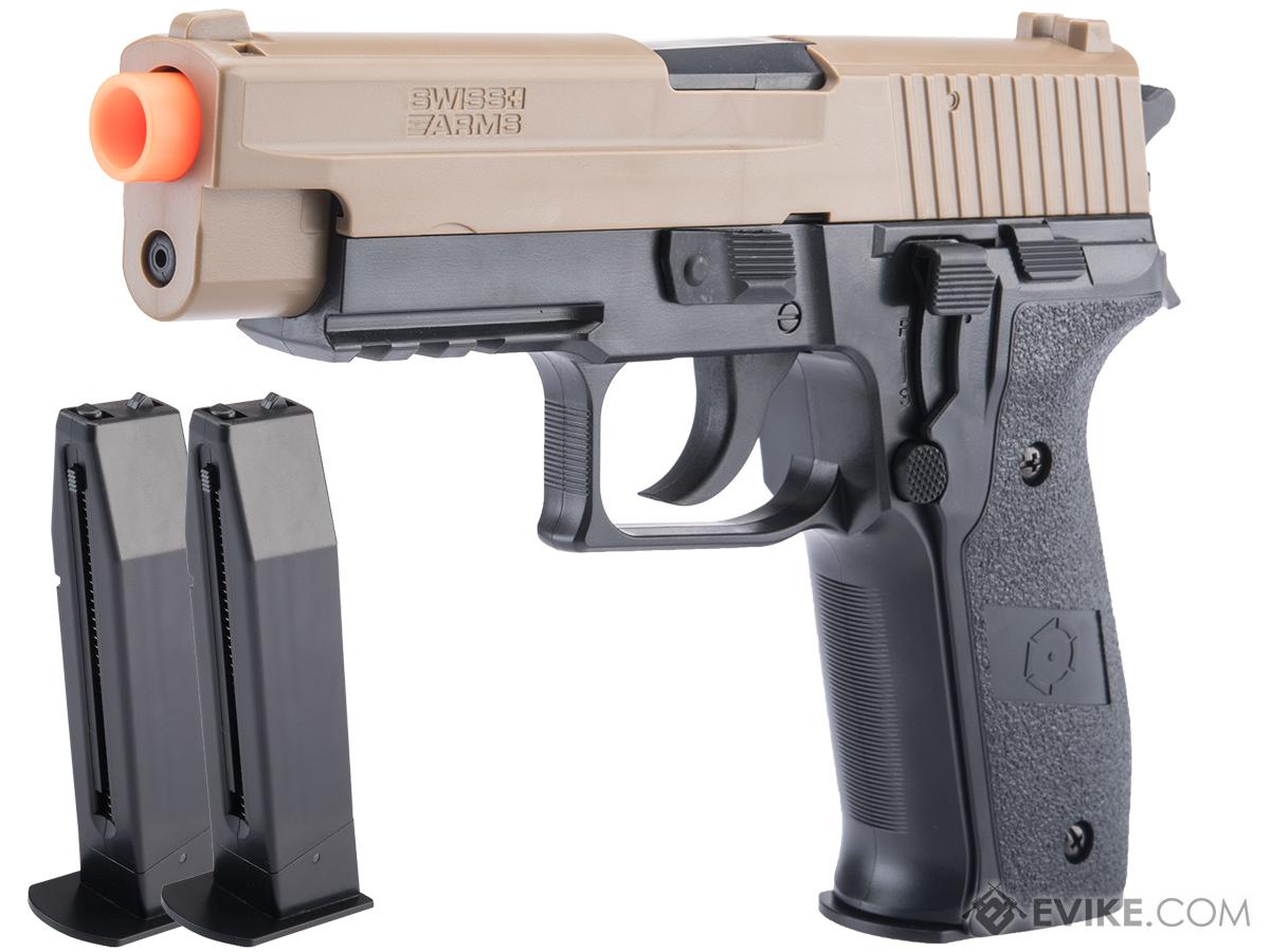 Swiss Arms Licensed 226 Spring Powered Airsoft Pistol (Color: Black and Tan / Add 2x Spare Magazines)