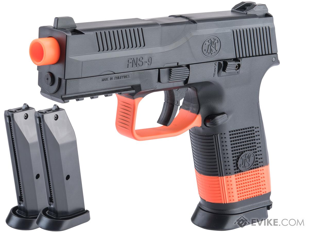 FN Herstal FNS-9 Airsoft Spring Pistol by CyberGun (Color: Black - SB199 Orange / Add 2x Spare Magazines)