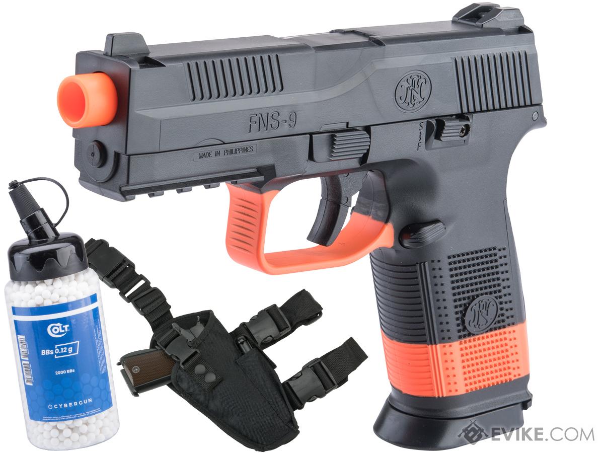 FN Herstal FNS-9 Airsoft Spring Pistol by CyberGun (Color: Black - SB199 Orange / Add 2000 BBs & Holster)