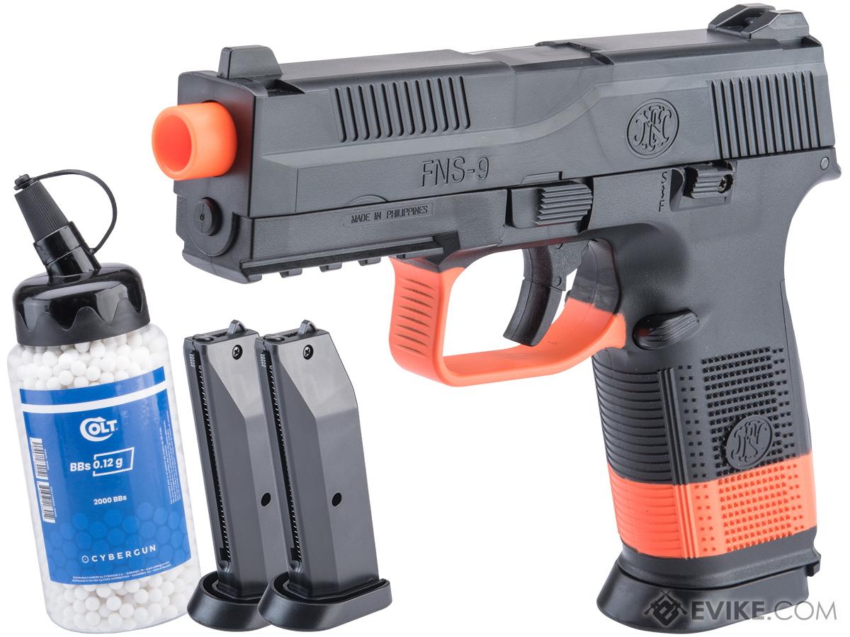 FN Herstal FNS-9 Airsoft Spring Pistol by CyberGun (Color: Black - SB199 Orange / Reload Package)