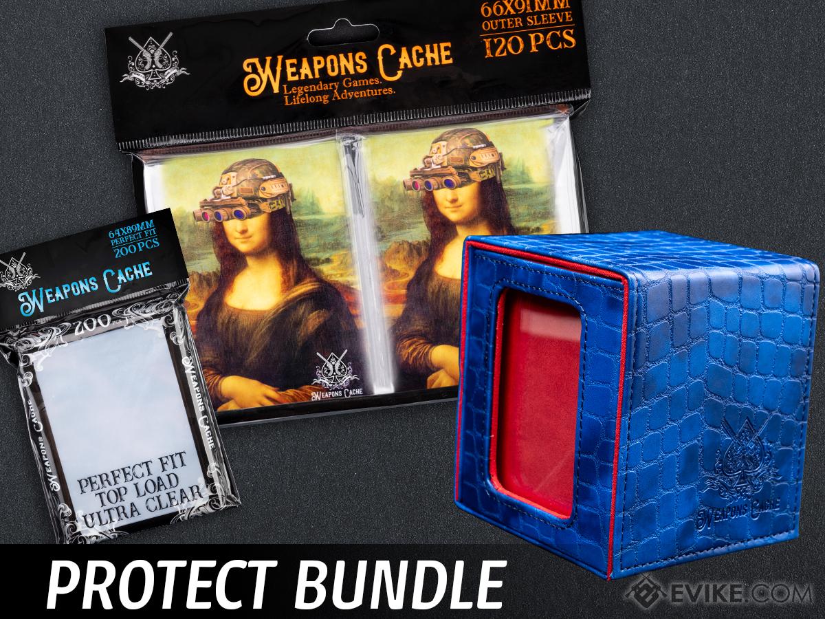 Weapons Cache Protect Bundle with WC Art Series Outer and Perfect Fit Inner Card Sleeves and a WC Commander Bunker Deck Box (Style: Tactical Mona Lisa / Blue & Red)