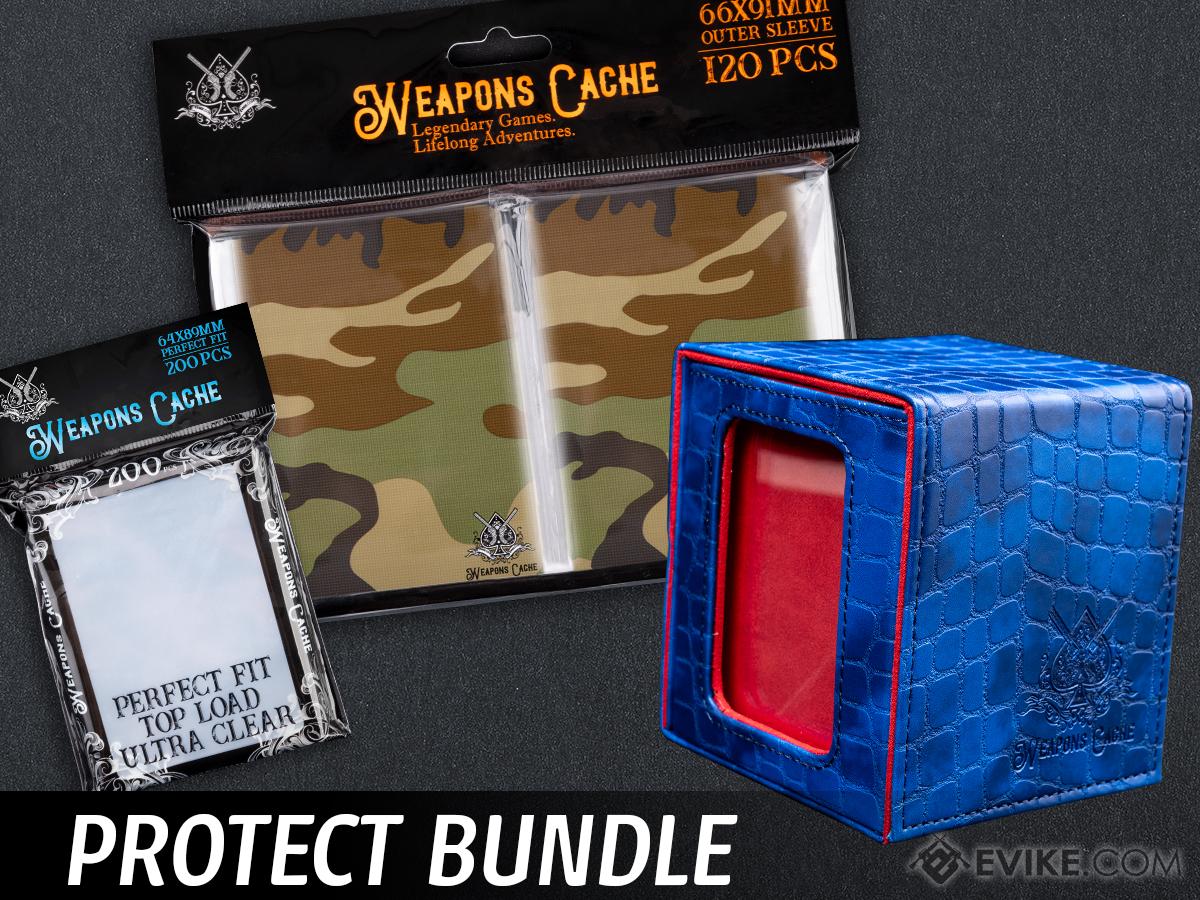 Weapons Cache Protect Bundle with WC Art Series Outer and Perfect Fit Inner Card Sleeves and a WC Commander Bunker Deck Box (Style: Woodland Camo / Blue & Red)