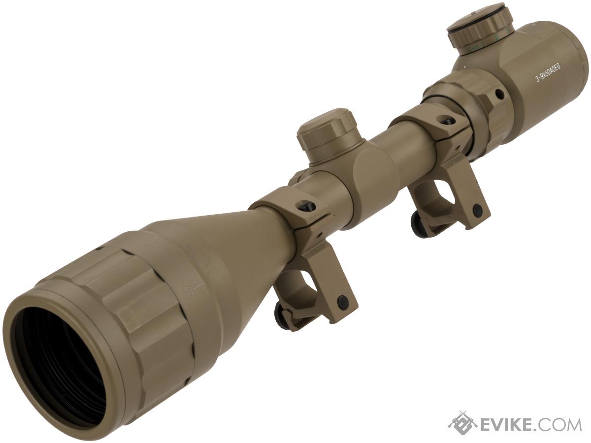 UFC 3-9X50 AOEG Illuminated Variable Zoom Rifle Scope with Scope Rings (Color: Tan)