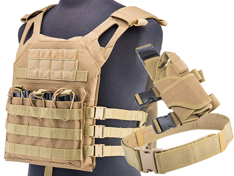 Matrix Level-1 Plate Carrier w/ Integrated Magazine Pouches & 2 Pistol Belt w/ Tornado Leg Holster (Color: Coyote Brown)