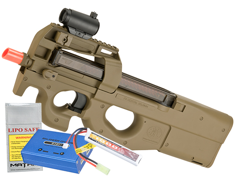 FN Herstal Licensed P90 Full Size Metal Gearbox Airsoft AEG  (Color: Dark Earth / Add 7.4v LiPo Battery + BMS Charger + LiPo Safe)