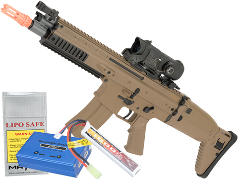 FN Herstal Licensed SCAR-L Airsoft AEG Rifle by Cybergun (Color: Desert / Add 7.4v LiPo Battery + BMS Charger + LiPo Safe)