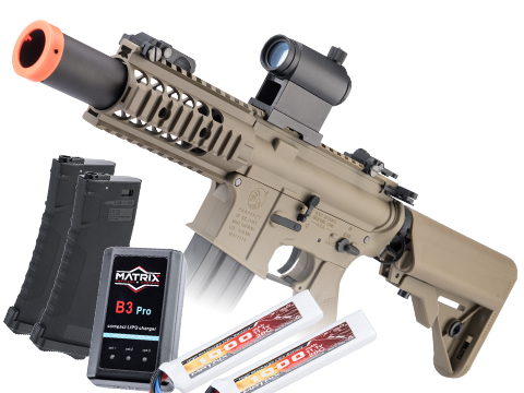 Cybergun Licensed Colt Sportsline M4 AEG Rifle w/ G3 Micro-Switch Gearbox (Model: M4 SBR w/ 5 Quadrail / Tan / Go Airsoft Package)