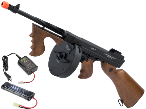 Cybergun Licensed Thompson Chicago Typewriter Airsoft AEG Rifle w/ Drum Mag (Package: Add 9.6v NiMH Battery + Charger)