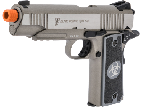 Custom Elite Force Gen 3 1911 Tactical CO2 Airsoft Gas Blowback Pistol w/ CNC Angel Custom Tac Glove Grips (Color: Stainless / Biohazard)